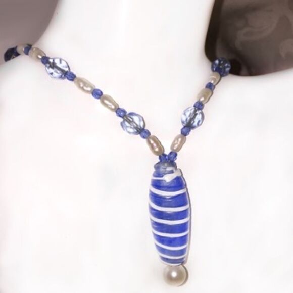 Blue/White Murano Glass/Pearl Necklace 14" Long - Picture 1 of 6
